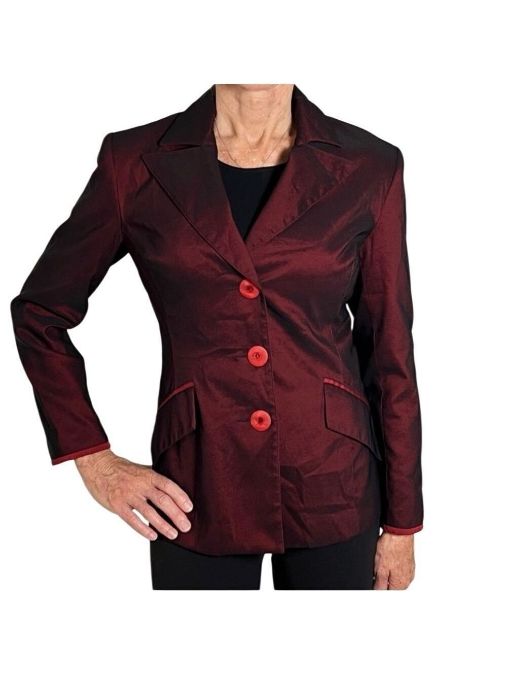 Y2K Bisou Bisou Red Satin Iridescent Metallic Fitted Tuxedo Blazer Jacket XS
